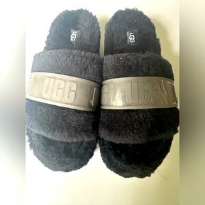 New UGG Australia Fluffita 9 Black Wool Shearling Platform Slide Sandals